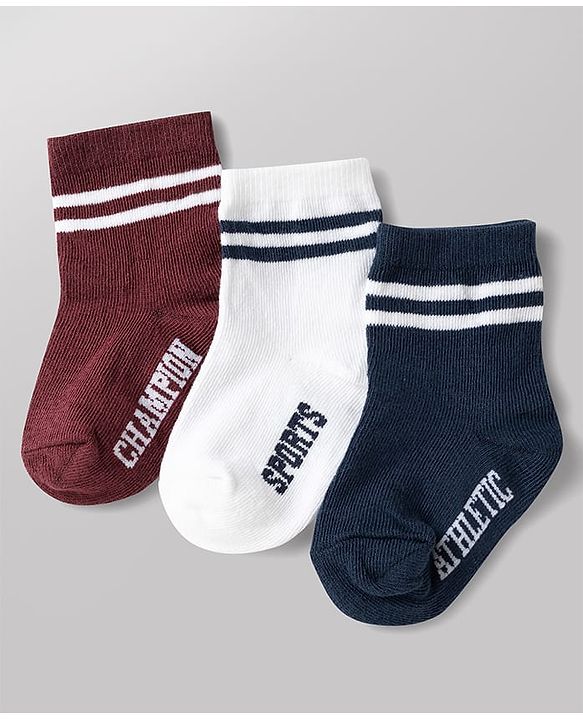 Cute Walk by Babyhug Non Terry Knit Anti-bacterial Ankle Length Striped Socks With Text Design Pack of 3 - Black, White & Maroon
