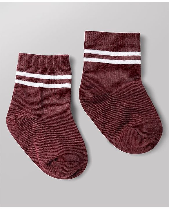 Cute Walk by Babyhug Non Terry Knit Anti-bacterial Ankle Length Striped Socks With Text Design Pack of 3 - Black, White & Maroon