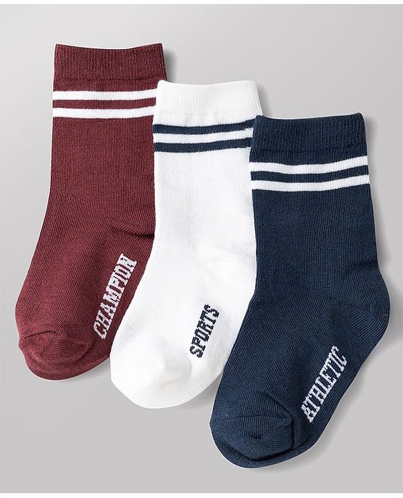 Cute Walk by Babyhug Non Terry Knit Anti-bacterial Ankle Length Striped Socks With Text Design Pack of 3 - Black, White & Maroon