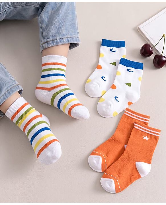 Cute Walk by Babyhug Knit Ankle Length Antibacterial Socks with Stripe & Star Design Pack of 3 - White & Orange