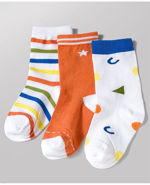 Cute Walk by Babyhug Knit Ankle Length Antibacterial Socks with Stripe & Star Design Pack of 3 - White & Orange