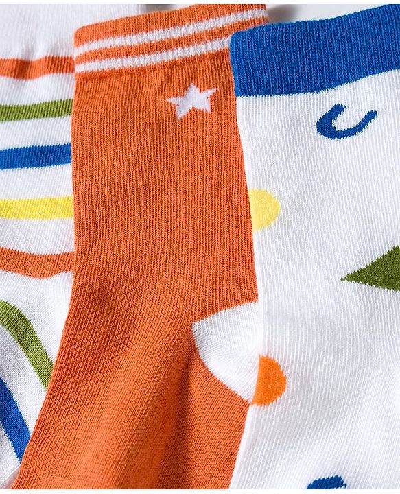 Cute Walk by Babyhug Knit Ankle Length Antibacterial Socks with Stripe & Star Design Pack of 3 - White & Orange