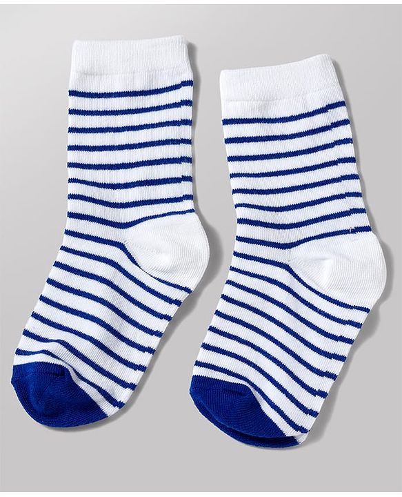 Cute Walk by Babyhug Knit Ankle Length Antibacterial Socks with Stripe & Car Design Pack of 3 - White & Blue