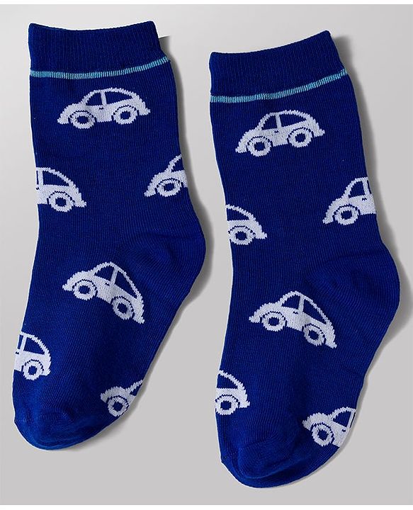 Cute Walk by Babyhug Knit Ankle Length Antibacterial Socks with Stripe & Car Design Pack of 3 - White & Blue