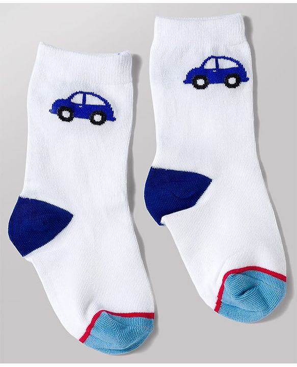 Cute Walk by Babyhug Knit Ankle Length Antibacterial Socks with Stripe & Car Design Pack of 3 - White & Blue