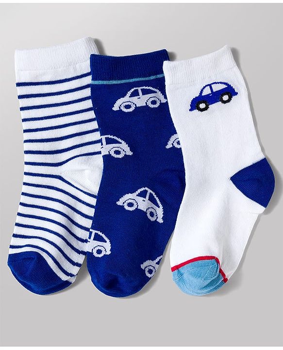 Cute Walk by Babyhug Knit Ankle Length Antibacterial Socks with Stripe & Car Design Pack of 3 - White & Blue