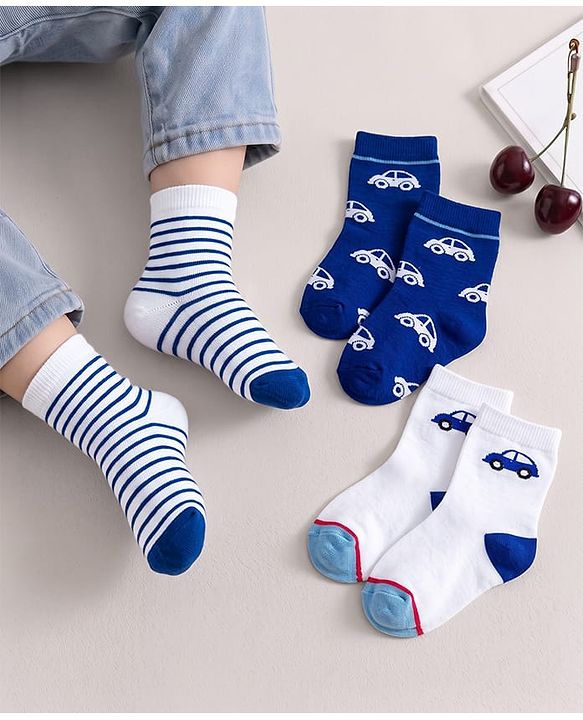 Cute Walk by Babyhug Knit Ankle Length Antibacterial Socks with Stripe & Car Design Pack of 3 - White & Blue