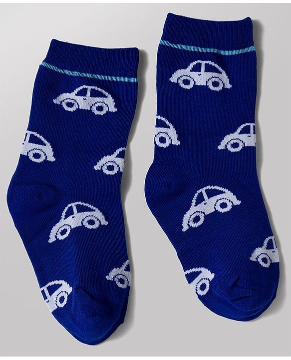 Cute Walk by Babyhug Knit Ankle Length Antibacterial Socks with Stripe & Car Design Pack of 3 - White & Blue