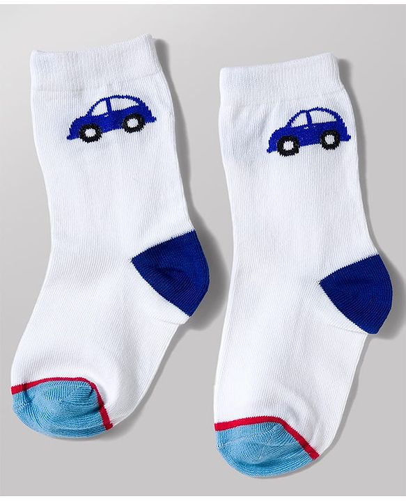 Cute Walk by Babyhug Knit Ankle Length Antibacterial Socks with Stripe & Car Design Pack of 3 - White & Blue