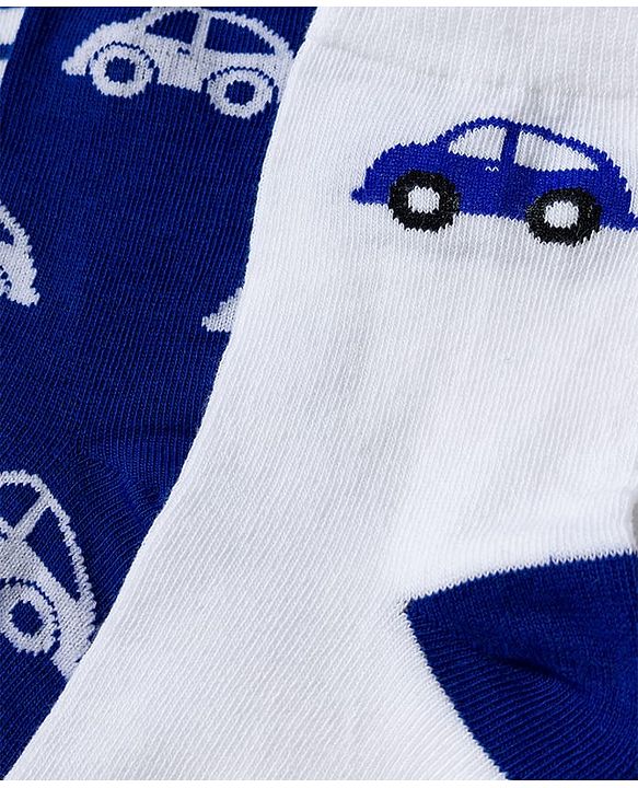 Cute Walk by Babyhug Knit Ankle Length Antibacterial Socks with Stripe & Car Design Pack of 3 - White & Blue