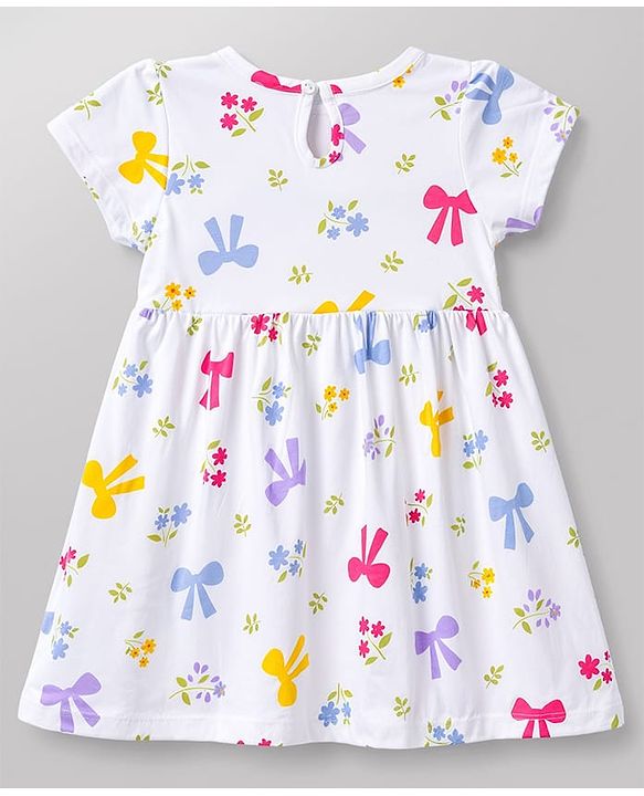 Babyhug Cotton Single Jersey Knit Half Sleeves Floral & Polka Dot  Printed Frock with Bow Applique Pack of 2 - White & Pink