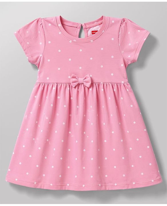 Babyhug Cotton Single Jersey Knit Half Sleeves Floral & Polka Dot  Printed Frock with Bow Applique Pack of 2 - White & Pink