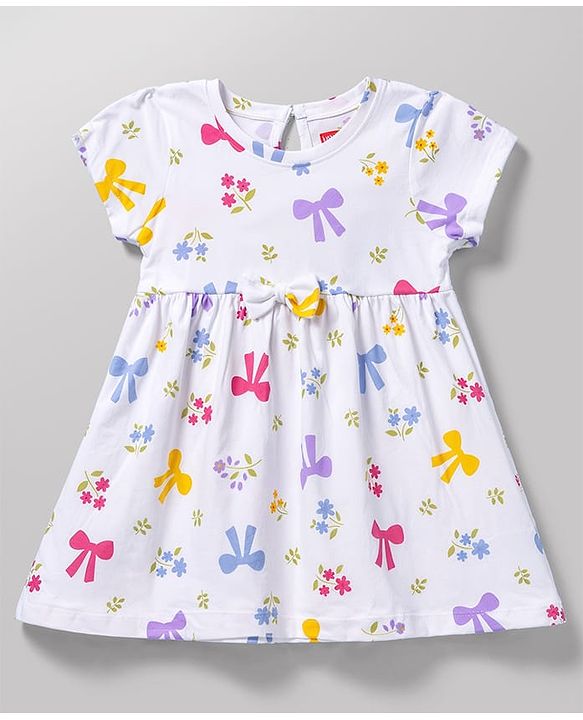 Babyhug Cotton Single Jersey Knit Half Sleeves Floral & Polka Dot  Printed Frock with Bow Applique Pack of 2 - White & Pink