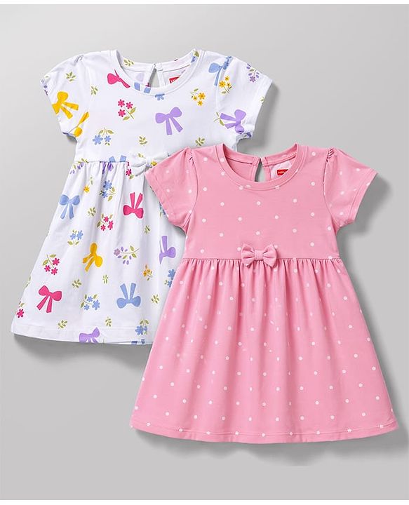 Babyhug Cotton Single Jersey Knit Half Sleeves Floral & Polka Dot  Printed Frock with Bow Applique Pack of 2 - White & Pink