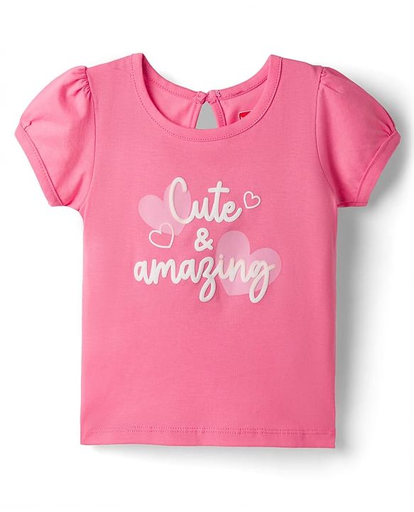 Babyhug 100% Cotton Knit Half Sleeves Text & Hearts Printed T-Shirt & Capri Night Suit - Pink
