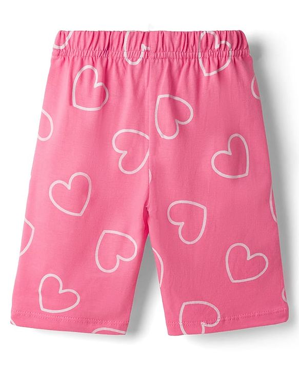 Babyhug 100% Cotton Knit Half Sleeves Text & Hearts Printed T-Shirt & Capri Night Suit - Pink