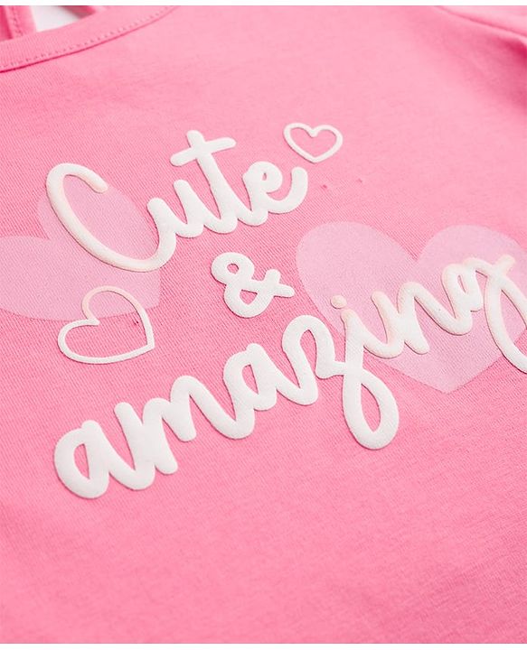 Babyhug 100% Cotton Knit Half Sleeves Text & Hearts Printed T-Shirt & Capri Night Suit - Pink