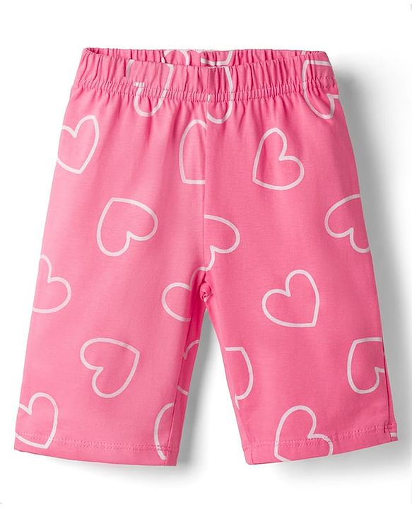 Babyhug 100% Cotton Knit Half Sleeves Text & Hearts Printed T-Shirt & Capri Night Suit - Pink