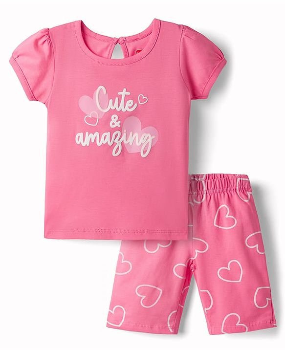 Babyhug 100% Cotton Knit Half Sleeves Text & Hearts Printed T-Shirt & Capri Night Suit - Pink