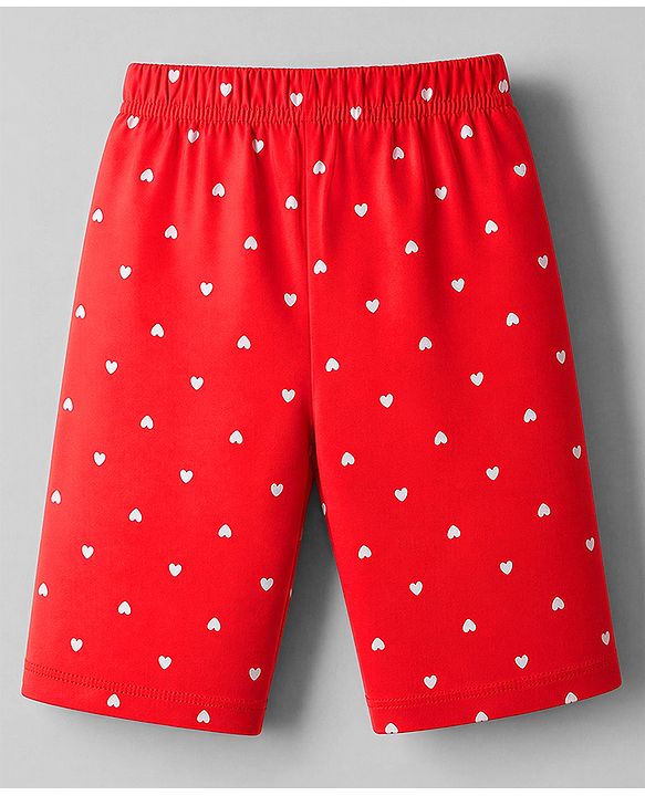 Babyhug Cotton Knit Half Sleeves  T-Shirt & Capri Night Suit With Text & Heart Print - White & Red