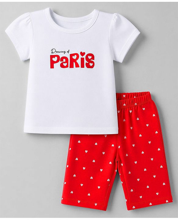Babyhug Cotton Knit Half Sleeves  T-Shirt & Capri Night Suit With Text & Heart Print - White & Red