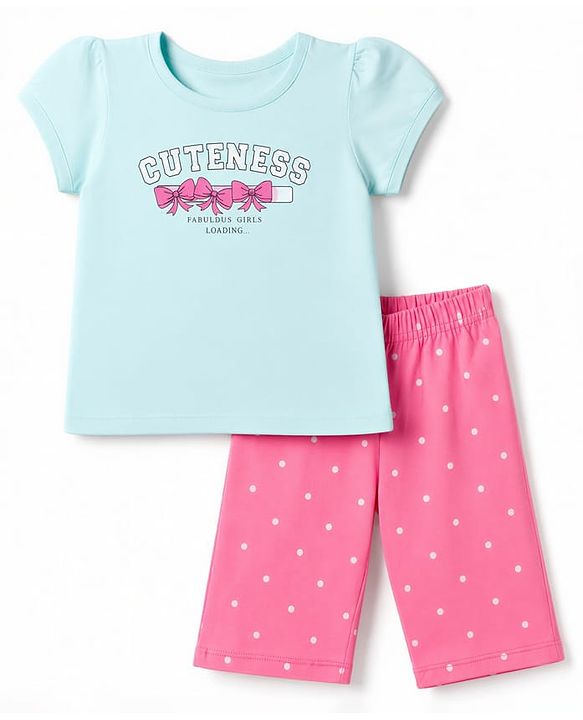 Babyhug 100% Cotton Knit Half Sleeves Top & Capri Night Suit Bow & Text Print - Blue & Pink