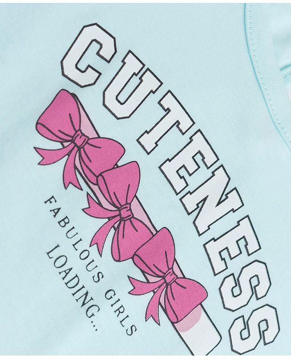 Babyhug 100% Cotton Knit Half Sleeves Top & Capri Night Suit Bow & Text Print - Blue & Pink