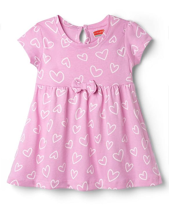 Babyhug Single Jersey Knit Half Sleeves Frocks With Heart Print & Bow Applique Pack of 2 - Pink & Light Pink