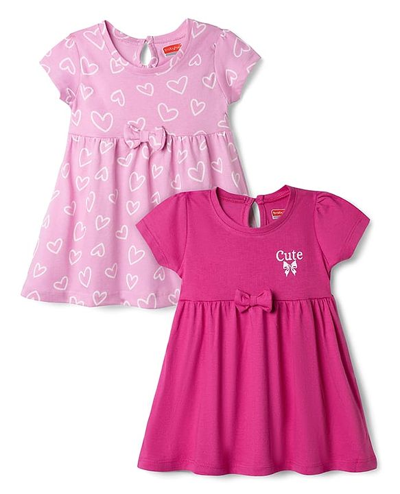 Babyhug Single Jersey Knit Half Sleeves Frocks With Heart Print & Bow Applique Pack of 2 - Pink & Light Pink