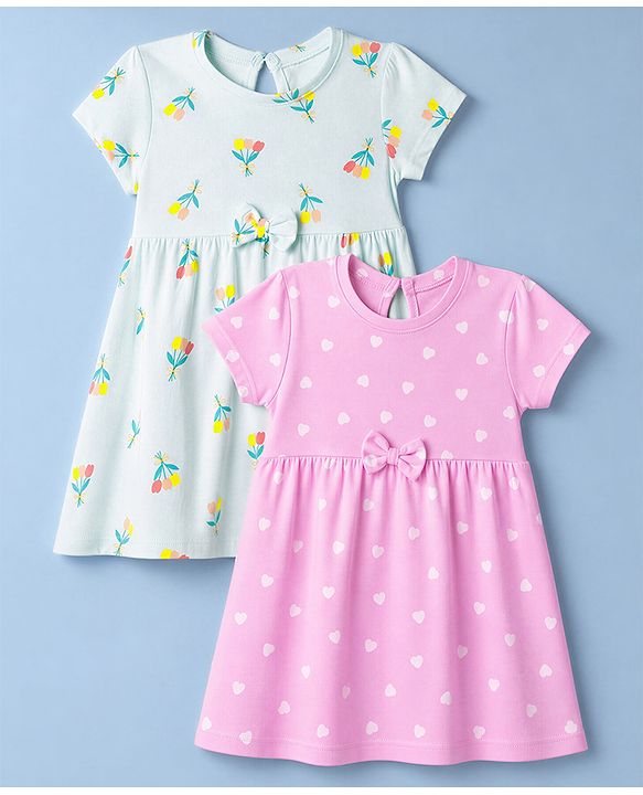 Babyhug Single Jersey Knit Half Sleeves Floral & Hearts Printed Frocks With Bow Applique Pack Of 2 - Pink & Light Green