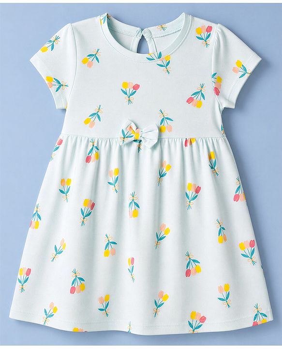 Babyhug Single Jersey Knit Half Sleeves Floral & Hearts Printed Frocks With Bow Applique Pack Of 2 - Pink & Light Green