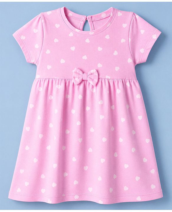 Babyhug Single Jersey Knit Half Sleeves Floral & Hearts Printed Frocks With Bow Applique Pack Of 2 - Pink & Light Green