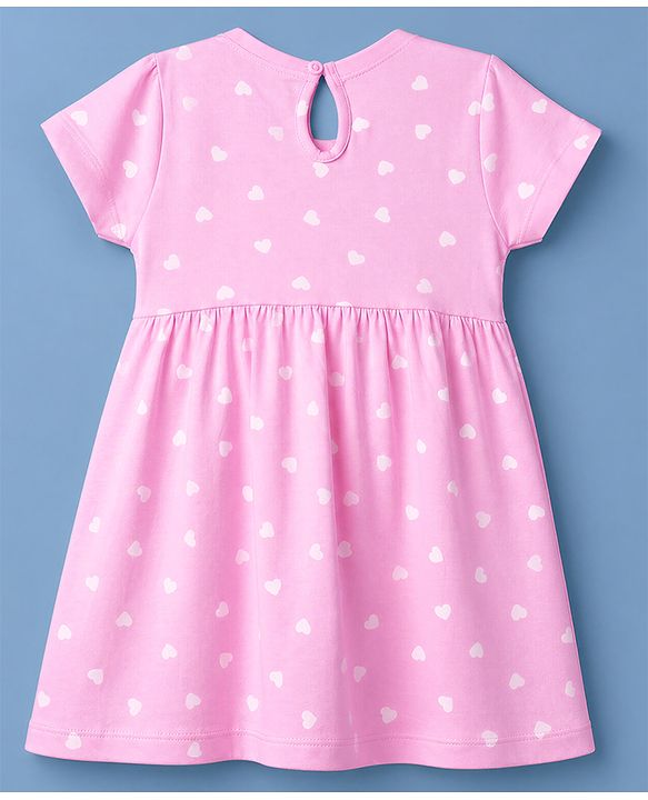 Babyhug Single Jersey Knit Half Sleeves Floral & Hearts Printed Frocks With Bow Applique Pack Of 2 - Pink & Light Green