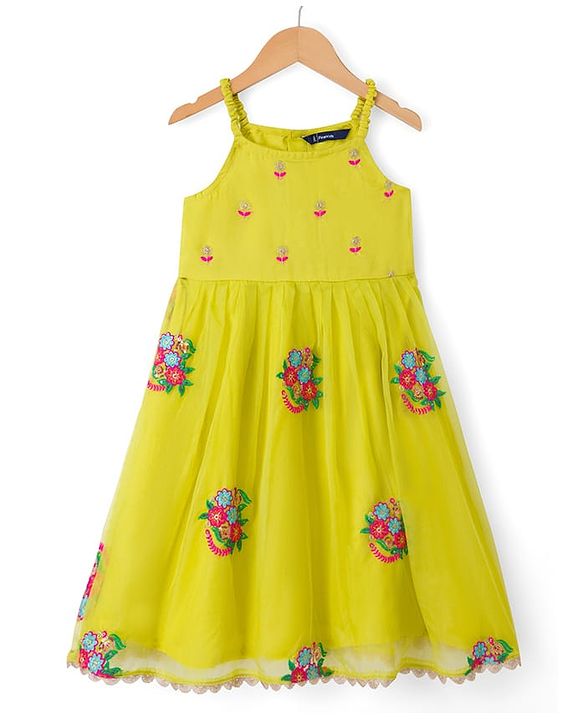 Pine Kids Georgette Woven Sleeveless Floral Embroidered Kurti Salwar Set With Dupatta - Lime Green