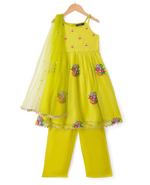 Pine Kids Georgette Woven Sleeveless Floral Embroidered Kurti Salwar Set With Dupatta - Lime Green