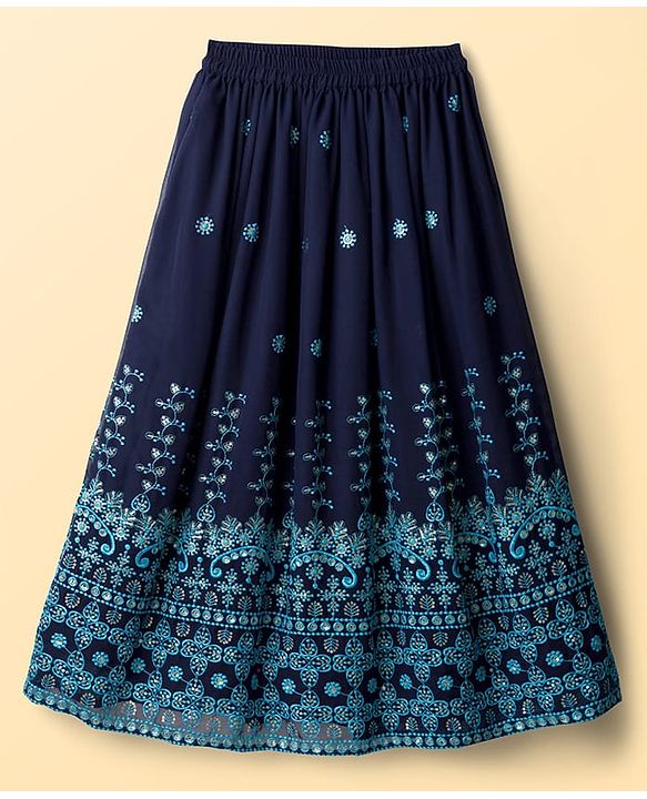 Pine Kids Georgette Woven Half Sleeves Floral Sequinned Choli & Lehenga Set With Dupatta - Navy Blue