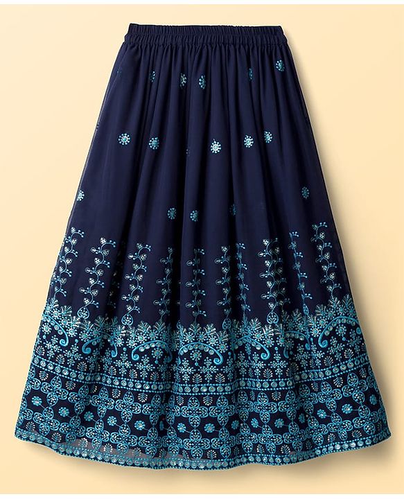 Pine Kids Georgette Woven Half Sleeves Floral Sequinned Choli & Lehenga Set With Dupatta - Navy Blue