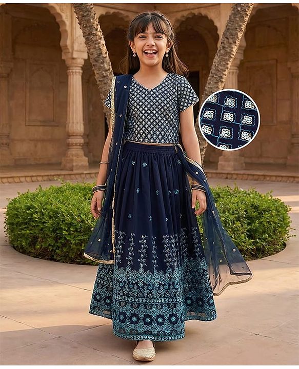 Pine Kids Georgette Woven Half Sleeves Floral Sequinned Choli & Lehenga Set With Dupatta - Navy Blue