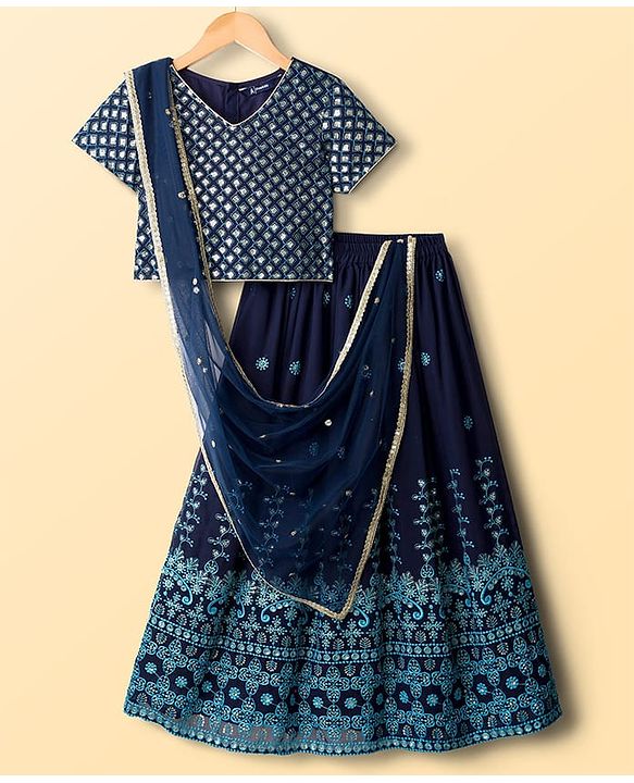 Pine Kids Georgette Woven Half Sleeves Floral Sequinned Choli & Lehenga Set With Dupatta - Navy Blue
