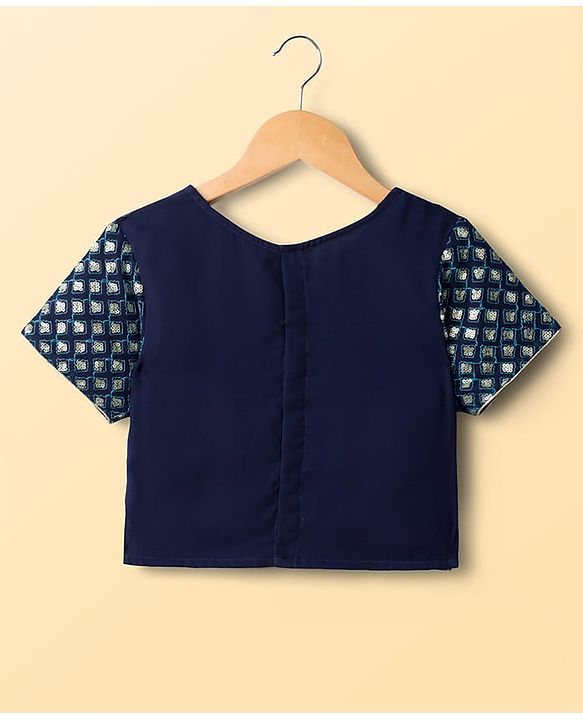 Pine Kids Georgette Woven Half Sleeves Floral Sequinned Choli & Lehenga Set With Dupatta - Navy Blue