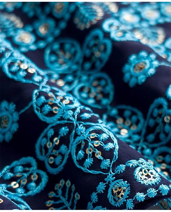 Pine Kids Georgette Woven Half Sleeves Floral Sequinned Choli & Lehenga Set With Dupatta - Navy Blue