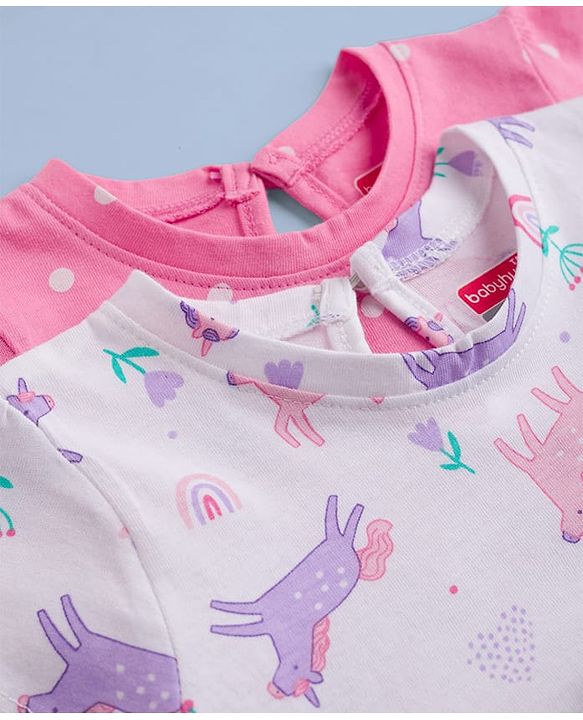 Babyhug Single Jersey Knit Half Sleeves Polka Dot & Unicorn Printed Frock With Bow Applique Pack of 2 - Pink & White