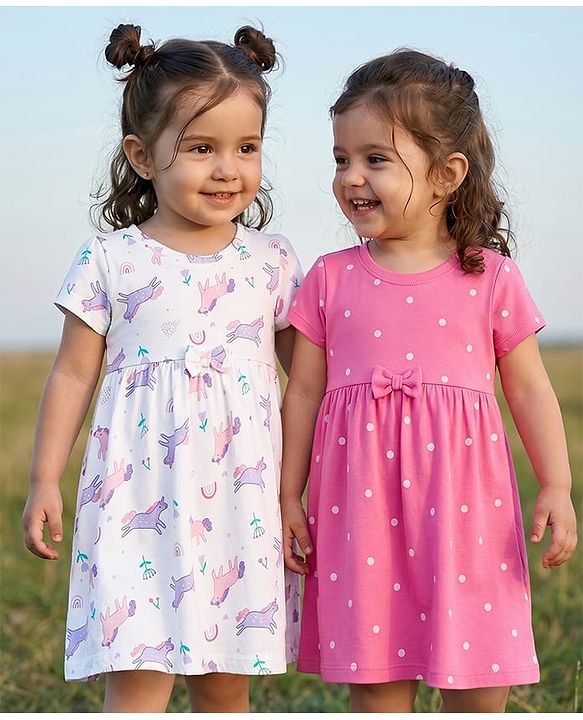 Babyhug Single Jersey Knit Half Sleeves Polka Dot & Unicorn Printed Frock With Bow Applique Pack of 2 - Pink & White