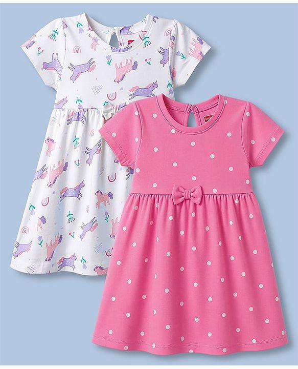 Babyhug Single Jersey Knit Half Sleeves Polka Dot & Unicorn Printed Frock With Bow Applique Pack of 2 - Pink & White