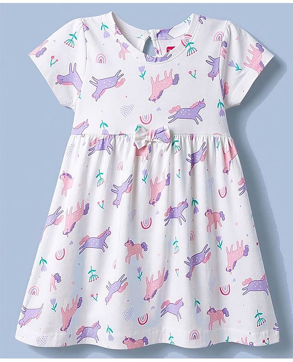 Babyhug Single Jersey Knit Half Sleeves Polka Dot & Unicorn Printed Frock With Bow Applique Pack of 2 - Pink & White