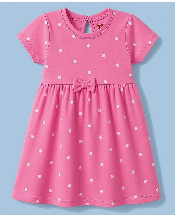 Babyhug Single Jersey Knit Half Sleeves Polka Dot & Unicorn Printed Frock With Bow Applique Pack of 2 - Pink & White