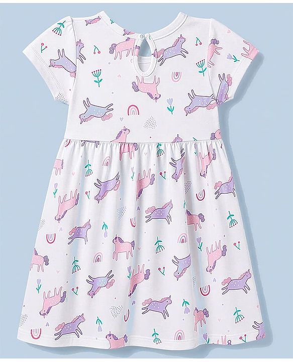 Babyhug Single Jersey Knit Half Sleeves Polka Dot & Unicorn Printed Frock With Bow Applique Pack of 2 - Pink & White