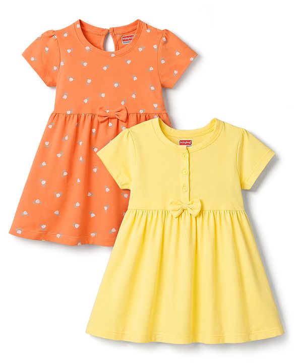 Babyhug Single Jersey Knit Half Sleeves Floral Printed Frocks With Bow Applique Pack Of 2 - Orange & Yellow