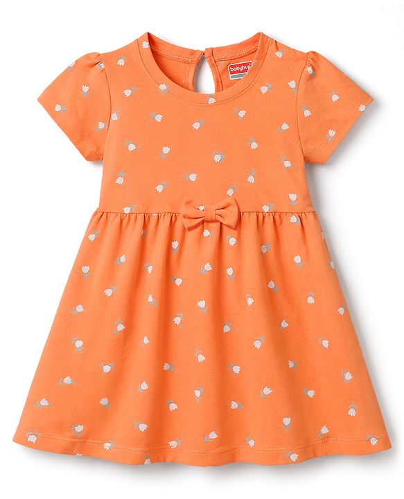 Babyhug Single Jersey Knit Half Sleeves Floral Printed Frocks With Bow Applique Pack Of 2 - Orange & Yellow
