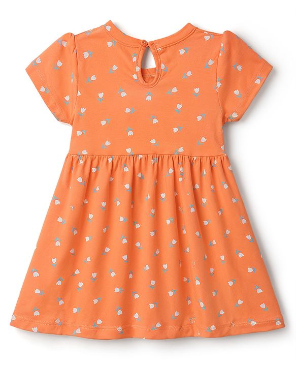 Babyhug Single Jersey Knit Half Sleeves Floral Printed Frocks With Bow Applique Pack Of 2 - Orange & Yellow